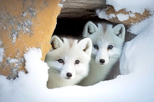 white fluffy arctic fox cubs peeking out of den in snow, created with generative ai