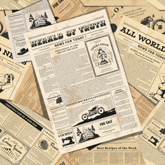 Naklejka premium Newspaper pattern. Paper journal pages collage. Abstract alien typography. Black magazine news. Aged newsprint. Nostalgic articles and advertising frames. Vector seamless background