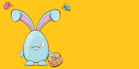 Cartoon funny cartoon blue easter bunny holding easter backet with full of colorful easter eggs isolated on orange horizontal banner background. Easter hand drawn blue cute rabbit sticker or label