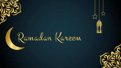 Ramadhan Kareem. Islamic luxury background design with lettering text in golden color and ornament. Suitable for the celebration of the month of Ramadan and Eid Alfitr in the Muslim community.