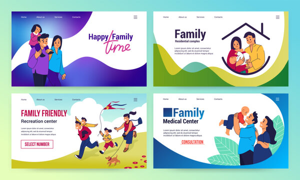 Happy family landing page. Insurance website design. Medicine and healthcare. House for people with children. Traveling for parents and kids. Online banners set. Vector template concept