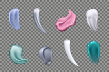 Transparent gel texture. Realistic cream. Cosmetic liquid drops. 3D smear or swatch for beauty skin. Face moisturizer or mask. Colorful fluid splashes set. Vector isolated illustration