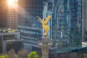 Mexico City tourist attraction Angel of Independence column near financial center and El Zocalo.