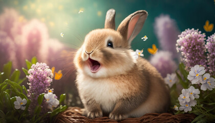 A cute happy Easter bunny with flowers in the background. Generative AI technology.