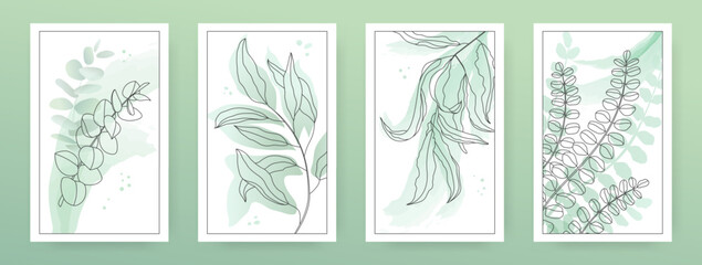 Abstract nature art, plant posters. Watercolor leaf drawing, minimalist organic summer or autumn boho cards. Herbal rustic wedding decor. Vector design elements set, background or covers