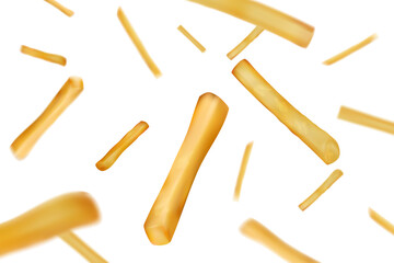 French fries, falling tasty potatoes. Stick snacks from cafe, realistic 3d fast food, yellow american package background design. Vegetable roasted fat slices. Vector isolated illustration