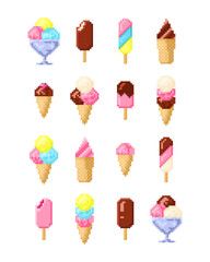 Pixel art ice cream set in style of eight-bit game.	
