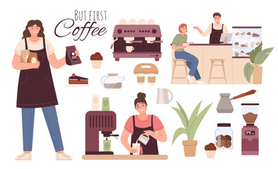 Coffee shop barista set, cafe business. Bar station, milk and bean store, place with hot chocolate. Cartoon flat characters. Man and woman have breakfast. Vector illustration concept