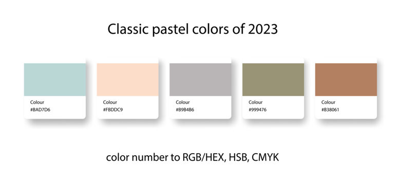 Classic pastel colors palette of 2023. Trend color guide collection in RGB, CMYK. Bright color set for fashion, home interior, design.