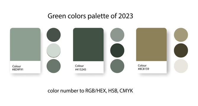 Green colors palette of 2023. Trend color guide collection in RGB, CMYK. Color set for military, fashion, home interior, design.
