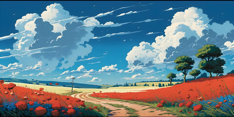 a view of the mountains in the morning, beautiful countryside with poppies in the foreground, clouds on blue sky, retro anime, landscape with trees and clouds, wallpaper, generative AI