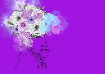 Obraz na płótnie Canvas Woman's face with flower crown in the purple background