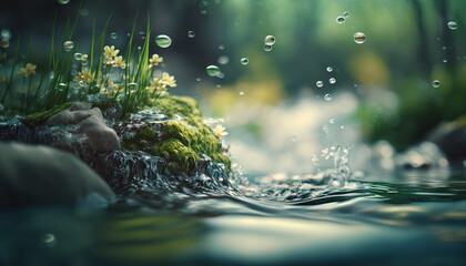 Beautiful spring detailed close up stream of fresh water with young green plants. Horizontal banner, springtime concept. Abstract outdoor wild nature background. AI generative image.