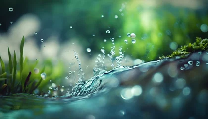 Poster Beautiful spring detailed close up stream of fresh water with young green plants. Horizontal banner, springtime concept. Abstract outdoor wild nature background. AI generative image. © vlntn