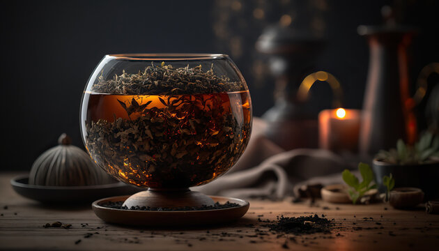 Close up hot tasty black tea, traditional breakfast drink. Dark indoor background. AI generative image.