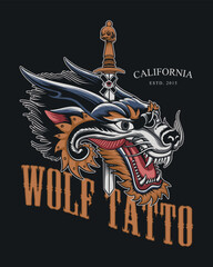 Wolf head mascot logo illustration design with vintage style