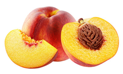 Group of ripe whole peach fruit with half and slice isolated on transparent background. Full depth...