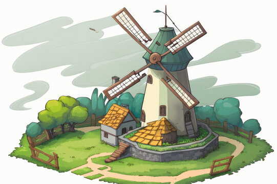picture of an old windmill, illustration