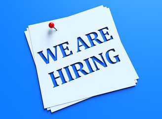 "We are hiring" white banner on blue textured background