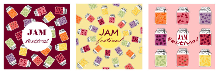 Set of three banners for jam festival with jam jars orange, apple, pear, strawberry, plums, cherry, currant, blackberry.  Lids are covered with checkered paper and tied with string.