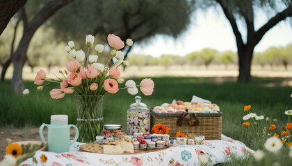 Spring picnic in a park on green grass meadow with flowers and tasty food. AI generative image.