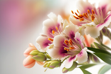 Horizontal banner with alstromeria flowers and copy space. AI generative image.