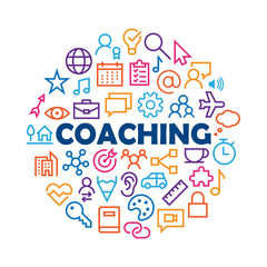 COACHING with colorful related icons arranged in a circle on white background