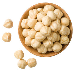 Hazelnuts in the wooden bowl, isolated on the white background, top view.