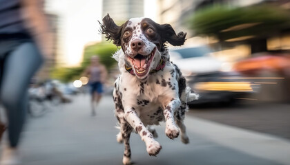 Adorable excited dog running towards camera in big city, slow motion freeze frame. AI generative image.