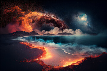 View from sky, Night landscape with universe made from molten exploding filigree quantum particles over the stormy molten ocean shore, generative ai