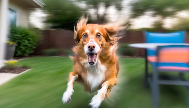 Funny cute playful dog running towards camera on sunny yard outdoor background. Slow motion freeze moment. AI generative image.