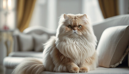 Portrait of a beautiful fluffy persian ginger cat in a luxurious palace interior. AI generative image.