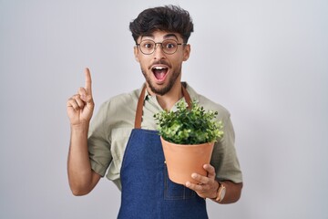 Arab man with beard holding green plant pot pointing finger up with successful idea. exited and happy. number one.