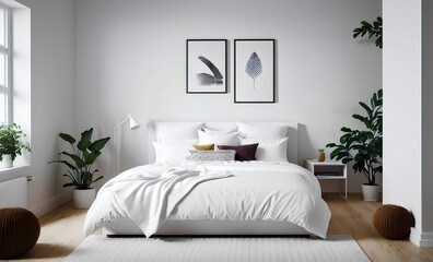 White bedding on bed in Scandinavian simple bedroom interior. Two posters on wall. Template. Generative AI