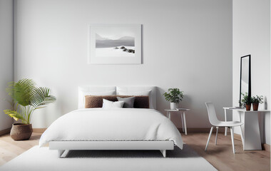 Simple interior design in modern white bright bedroom with painting on the wall. Home decor. Template. Generative AI