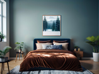 Glamour bedroom interior with Painting in frame on blue wall. Brown gold blanket, turquoise decorations. Generative AI