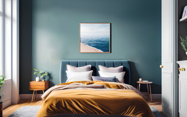Bedroom interior in Scandinavian style with painting in frame on blue wall. Yellow blanket and wooden shelf. Generative AI