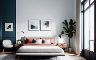 Modern grey bed in bedroom with two frames and posters, mockup template. Pink cushions. Generative AI