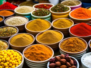 A colorful close-up of a market stall with various spices and herbs in small bowls created with Generative AI technology