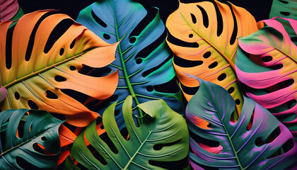 Tropic bright vibrant multicolor tropical monstera leaves pattern. Splash screen horizontal wallpaper. AI generative image.