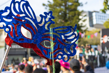 Close-up of carnival mask in front of the street during Carnival Parade, Limassol, Cyprus