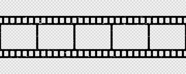Film strip seamless pattern. Repeated black filmstrip on transparent background. Element for design old video film format. Repeating clipping reel movie. Photo frame strips tape. Vector illustration