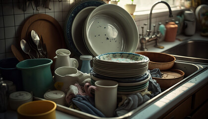 Obraz na płótnie Canvas Kitchen sink with dirty dishes, pile of unclean utensils, household chores illustration, indoor background. AI generative image.