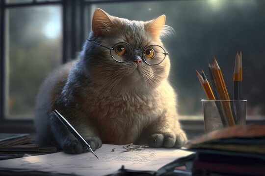 Illustration of a cat writing, reading and studying - Created with Generative ai