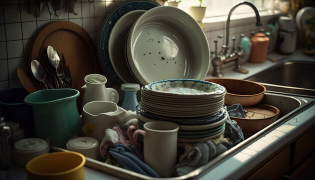 Kitchen sink with dirty dishes, pile of unclean utensils, household chores illustration, indoor background. AI generative image.