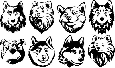 Heads of dogs. Abstract character illustration. Graphic logo design templates for emblem.