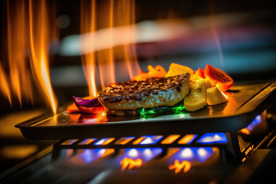 Cooking food on grille fire. Grilled food. Indoor background. AI generative image.