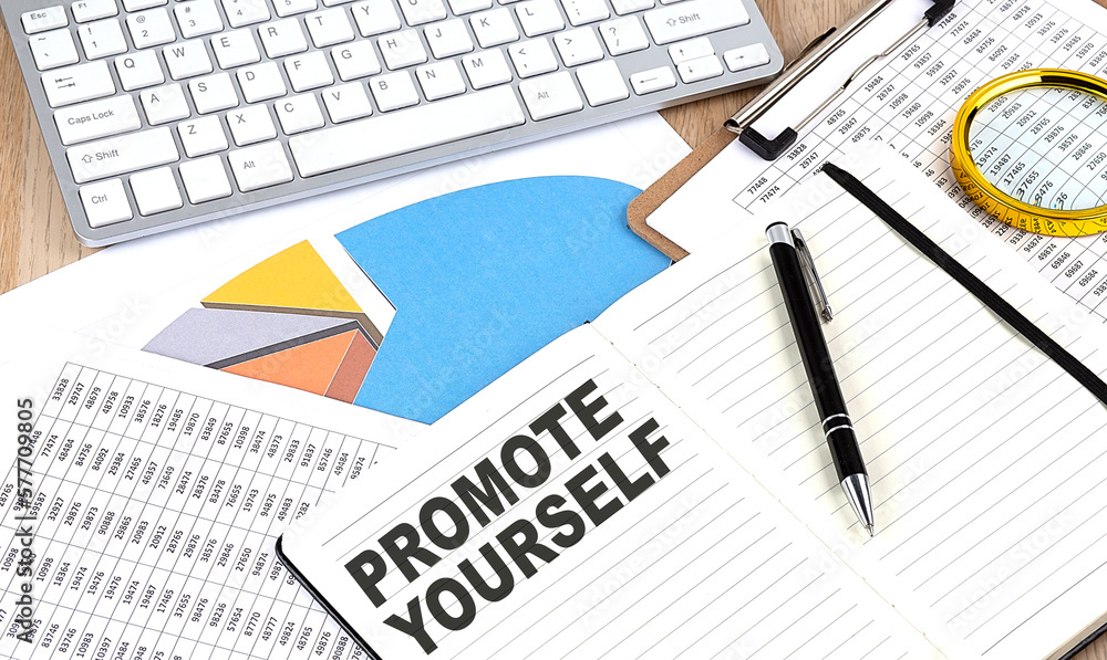 Poster promote yourself text on a paper on chart background
