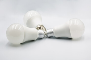 White energy saving light LED bulbs closeup on white