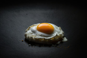 Close up fried egg, morning breakfast concept on black background. AI generative image.